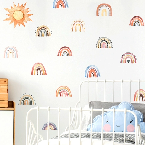 Bohemian Watercolor Rainbow And Sun Wall Sticker For Kids Bedroom Nursery Decor PVC Self Adhesive Removable Wall Decal
