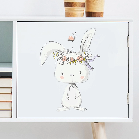 Cute Cartoon Bunny Flower Crown Wall Sticker For Kids Room Nursery Decor Hand Drawn Rabbit Butterfly PVC Self Adhesive Wall Decal