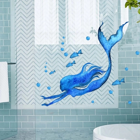 Blauwe Aquarel Zeemeermin Muursticker Verwijderbaar PVC Oceaan Vis Bubbels Kunst Sticker Voor Badkamer Slaapkamer Decoratie