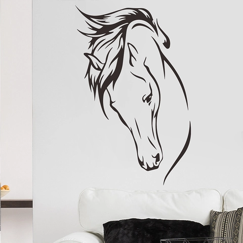 Autocollant Mural Minimaliste Artistique Tête de Cheval Art au Trait Décoration Murale Moderne Bricolage Amovible en PVC Auto-Adhésif