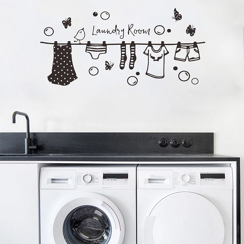 Creatieve Waskamer Muurstickers DIY Waslijn Vogel Vlinder PVC Silhouet Zwart Sticker Voor Waskamer Decoratie
