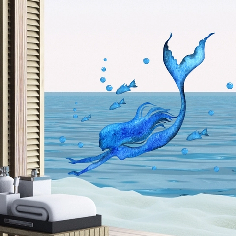 Blauwe Aquarel Zeemeermin Muursticker Verwijderbaar PVC Oceaan Vis Bubbels Kunst Sticker Voor Badkamer Slaapkamer Decoratie