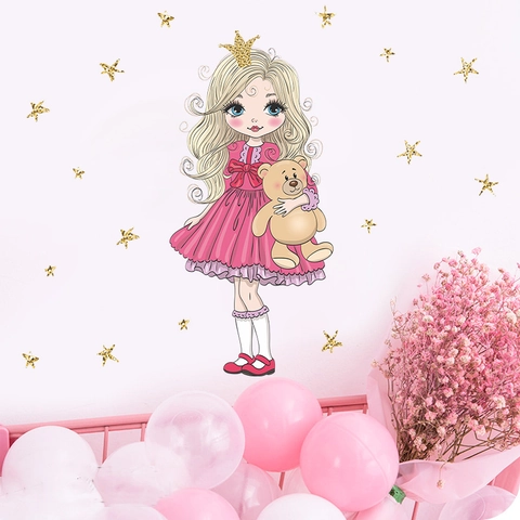 Pegatinas de Pared de Princesa Cartoon Con Oso de Peluche Estrella PVC Autoadhesivas Para Decoración de Habitación Infantil