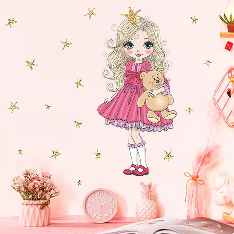 Pegatinas de Pared de Princesa Cartoon Con Oso de Peluche Estrella PVC Autoadhesivas Para Decoración de Habitación Infantil