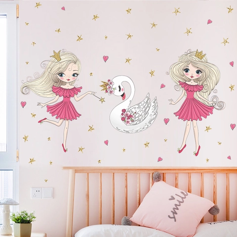 Stickers Muraux Princesse Cygne Dessin Animé Fille Étoile Coeur Motif PVC Décalcomanies Autocollantes Pour Enfants Chambre Chambre Décoration De La Maison