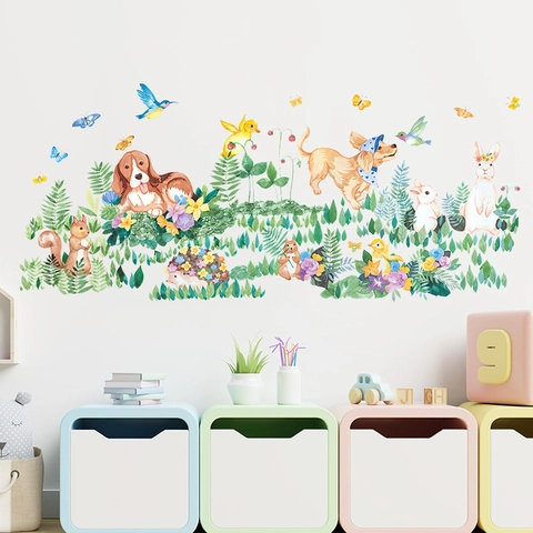 Adesivo Murale Animali Cartone Animato Acquerello Cucciolo Scoiattolo Uccello Coniglio PVC per Cameretta Bambini Casa