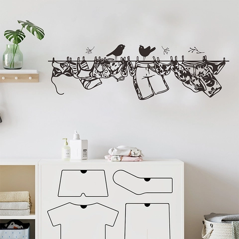 Bird Clothesline Silhouette Wall Sticker Removable PVC Laundry Room Decor Black DIY Animal Clothing Mural Art Decal