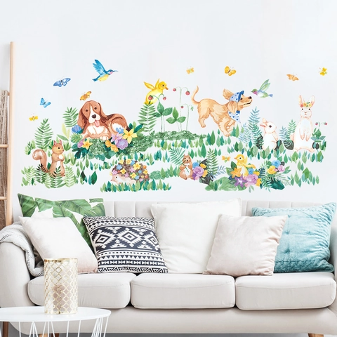 Adesivo Murale Animali Cartone Animato Acquerello Cucciolo Scoiattolo Uccello Coniglio PVC per Cameretta Bambini Casa