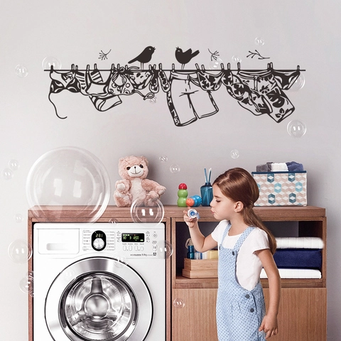 Bird Clothesline Silhouette Wall Sticker Removable PVC Laundry Room Decor Black DIY Animal Clothing Mural Art Decal