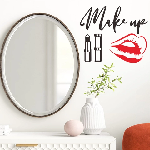 Adesivi Murali Frase Make Up Con Rossetto Impronta Labbra PVC Decalcomania Rimovibile Per Decorazione Camera Da Letto Studio
