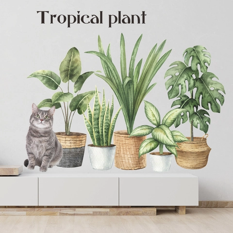 Tropical Potted Plant Wall Sticker Cartoon Cat PVC Watercolor Removable DIY Home Decor For Kids Bedroom Living Room Wall