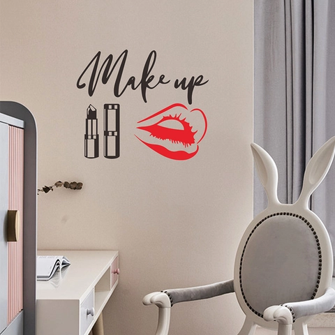 Adesivi Murali Frase Make Up Con Rossetto Impronta Labbra PVC Decalcomania Rimovibile Per Decorazione Camera Da Letto Studio