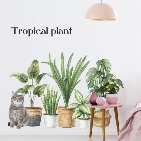 Tropical Potted Plant Wall Sticker Cartoon Cat PVC Watercolor Removable DIY Home Decor For Kids Bedroom Living Room Wall