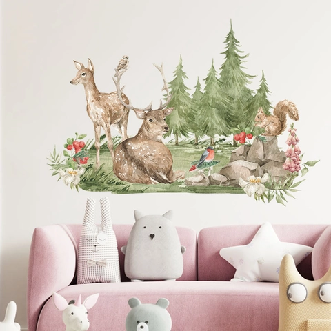 Nordic Aquarel Bosdieren Hert Eekhoorn Muursticker Waterdicht PVC DIY Verwijderbare Decals Voor Kinderkamer Home Decor