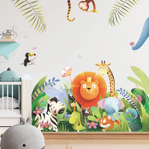 Cartoon Jungle Animal Wall Stickers Lion Giraffe Elephant Green Plants PVC Self Adhesive Decal For Kids Room Nursery Decor
