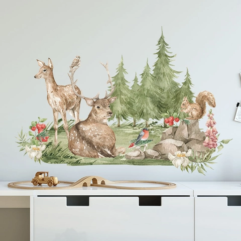 Nordic Aquarel Bosdieren Hert Eekhoorn Muursticker Waterdicht PVC DIY Verwijderbare Decals Voor Kinderkamer Home Decor