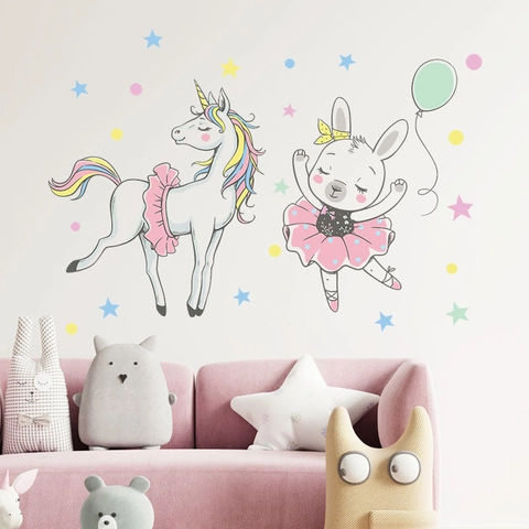Cartoon Unicorn And Bunny Ballerina Wall Sticker Pink Stars Balloons Decal For Kids Room Nursery Home Wall Decoration
