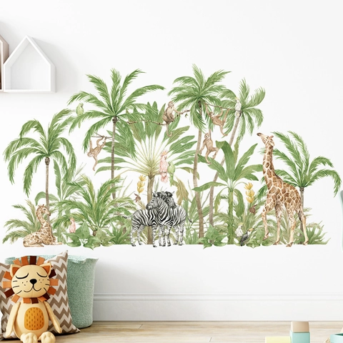 Tropical Jungle Animals Wall Stickers Cartoon Giraffe Zebra Monkey Coconut Tree For Kids Nursery Room Decor PVC Wall Decals