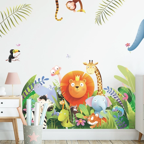 Cartoon Jungle Animal Wall Stickers Lion Giraffe Elephant Green Plants PVC Self Adhesive Decal For Kids Room Nursery Decor