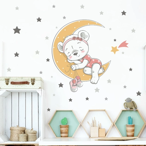 Simpatico Adesivo da Parete Orsetto Cartoon Che Dorme Sulla Luna Stelle PVC Decorazione per Cameretta Bambini Asilo Nido