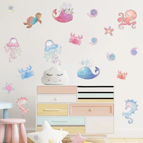 Marine Life Cartoon Wall Stickers PVC Sea Creatures Whale Octopus Turtle Wall Decals For Kids Room Nursery Home Decor