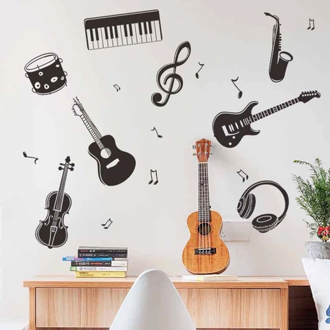 Musical Instruments Silhouette Wall Sticker Guitar Piano Notes PVC Wall Decal For Classroom Bedroom Living Room Art Decor