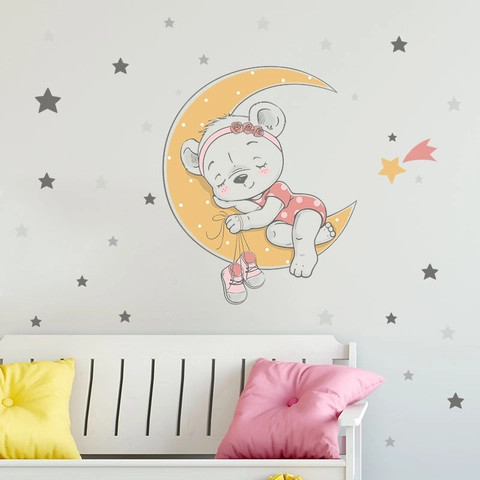 Simpatico Adesivo da Parete Orsetto Cartoon Che Dorme Sulla Luna Stelle PVC Decorazione per Cameretta Bambini Asilo Nido