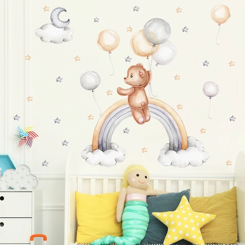 Watercolor Cartoon Bear Balloon Rainbow Wall Stickers For Kids Room Nursery Home Decor PVC Bear Stars Moon Clouds Wall Decal