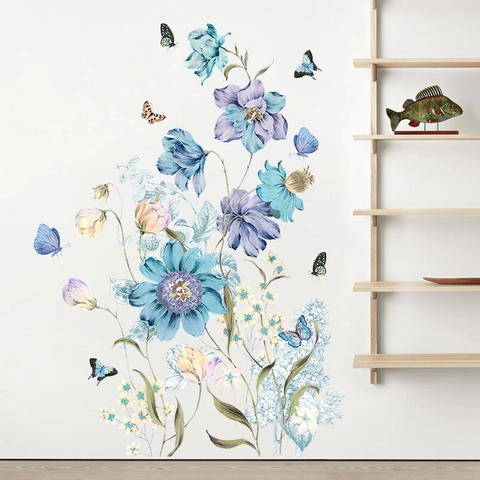 Aquarell Blau Lila Blume Schmetterling Wandaufkleber PVC Selbstklebend Floral Dekor Für Schlafzimmer Wohnzimmer Haus