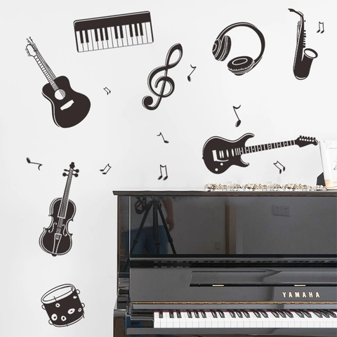 Musical Instruments Silhouette Wall Sticker Guitar Piano Notes PVC Wall Decal For Classroom Bedroom Living Room Art Decor