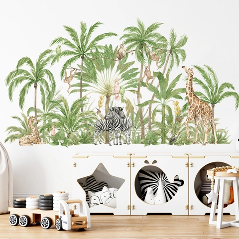 Tropical Jungle Animals Wall Stickers Cartoon Giraffe Zebra Monkey Coconut Tree For Kids Nursery Room Decor PVC Wall Decals