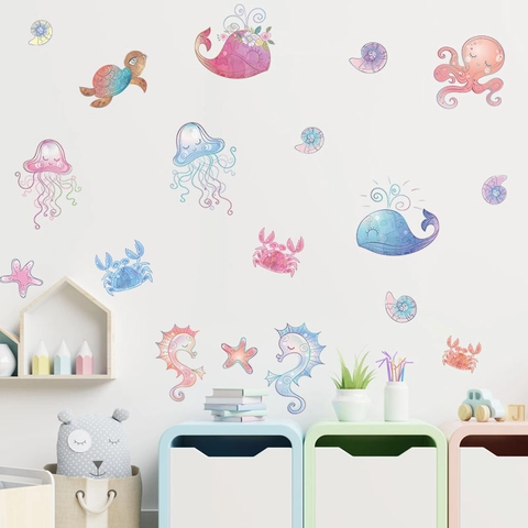 Marine Life Cartoon Wall Stickers PVC Sea Creatures Whale Octopus Turtle Wall Decals For Kids Room Nursery Home Decor