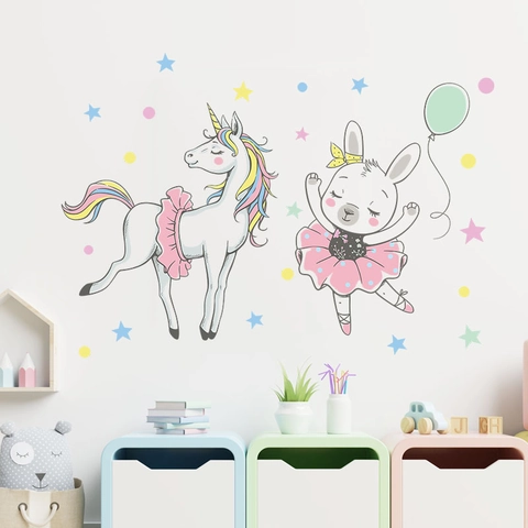 Cartoon Unicorn And Bunny Ballerina Wall Sticker Pink Stars Balloons Decal For Kids Room Nursery Home Wall Decoration