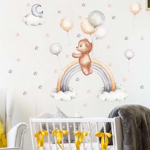 Watercolor Cartoon Bear Balloon Rainbow Wall Stickers For Kids Room Nursery Home Decor PVC Bear Stars Moon Clouds Wall Decal