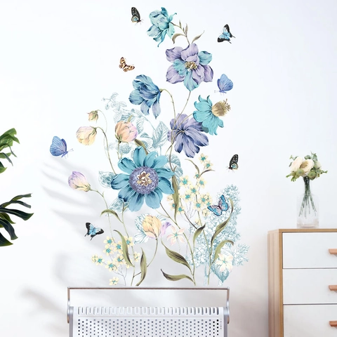 Aquarell Blau Lila Blume Schmetterling Wandaufkleber PVC Selbstklebend Floral Dekor Für Schlafzimmer Wohnzimmer Haus