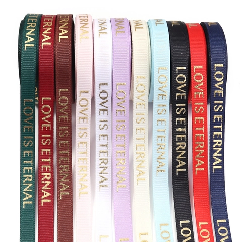 Love Is Eternal Gold Stamped Grosgrain Ribbon For Gift Wrapping Bouquet DIY Crafts Ribbon Polyester Ribbed Tape Decorative Ribbon