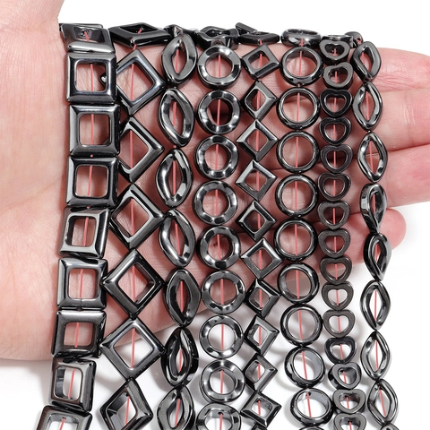 Hematite Loose Beads Metallic Black Geometric Hollow Square Heart Round Shapes For DIY Necklace Bracelet Jewelry Making