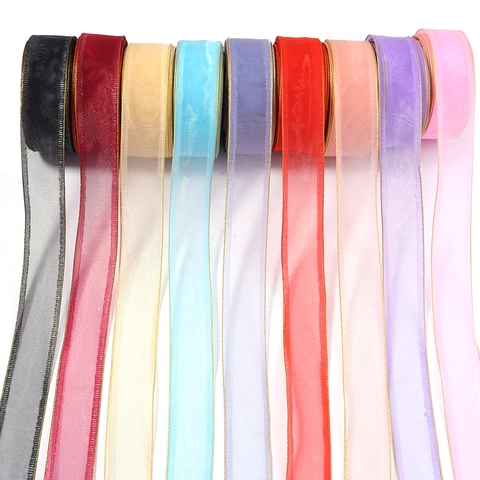 Organza Durchsichtiges Band Mit Goldrand Dekoratives Polyesterband Für Geschenkbox Blumen Party Dekoration DIY Handgemachte Schleife