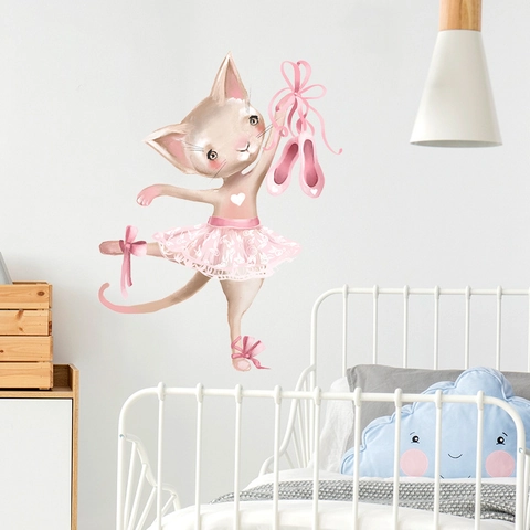 Elegant Cartoon Ballet Cat Wall Sticker PVC Watercolor Nursery Decor Dancing Kitten Wall Decal For Kids Room Girl Bedroom Decor