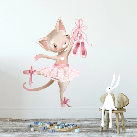 Elegant Cartoon Ballet Cat Wall Sticker PVC Watercolor Nursery Decor Dancing Kitten Wall Decal For Kids Room Girl Bedroom Decor