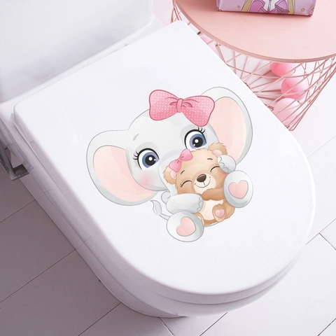 Cute Cartoon Elephant Bear Toilet Sticker PVC Waterproof Self Adhesive Wall Decal For Bathroom Home Decoration For Kids