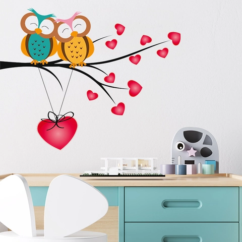 Cartoon Owl Couple Tree Branch Heart Wall Sticker PVC Self Adhesive DIY Decal For Bedroom Nursery Home Decor Valentine