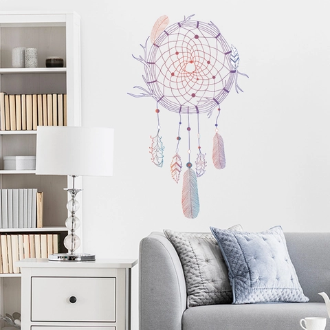 Dreamcatcher Feather Antler Wall Stickers PVC Gradient Decorative Decals For Bedroom Living Room Artistic Home Wall Decor