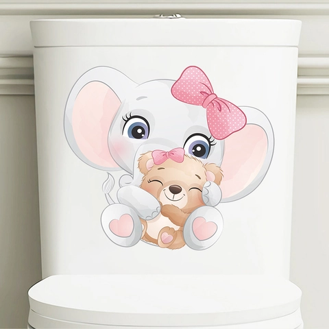 Cute Cartoon Elephant Bear Toilet Sticker PVC Waterproof Self Adhesive Wall Decal For Bathroom Home Decoration For Kids