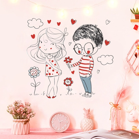 Pegatina de Pared de Pareja de Dibujos Animados Corazón Flor PVC Decoración del Hogar para Dormitorio Sala San Valentín Mural