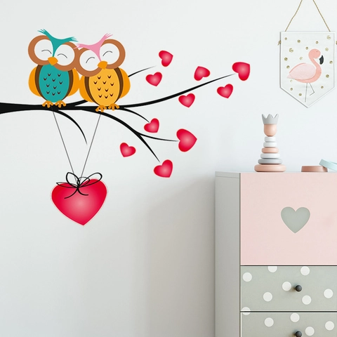 Cartoon Owl Couple Tree Branch Heart Wall Sticker PVC Self Adhesive DIY Decal For Bedroom Nursery Home Decor Valentine