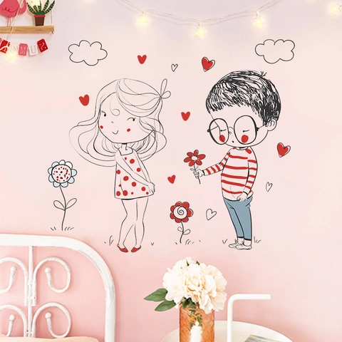 Pegatina de Pared de Pareja de Dibujos Animados Corazón Flor PVC Decoración del Hogar para Dormitorio Sala San Valentín Mural