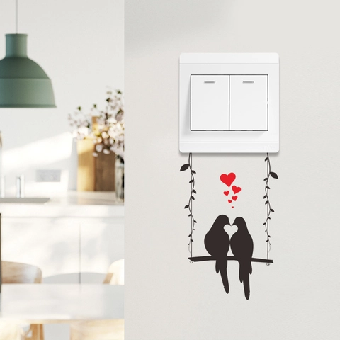 PVC Couple Birds Swing Switch Sticker With Red Heart Pattern For Living Room Home Decor Valentine's Day Wall Decal