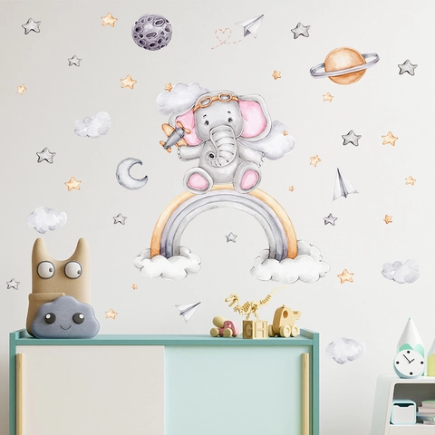 Aquarell Elefant Regenbogen Wandaufkleber Cartoon Sterne Mond Flugzeug PVC Wandtattoo Für Kinderzimmer Kindergarten Deko