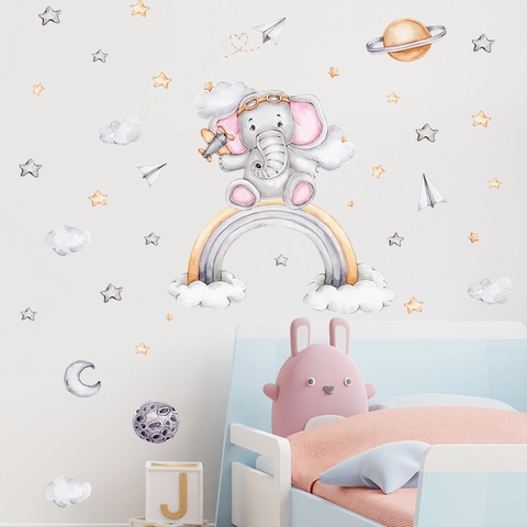 Aquarell Elefant Regenbogen Wandaufkleber Cartoon Sterne Mond Flugzeug PVC Wandtattoo Für Kinderzimmer Kindergarten Deko